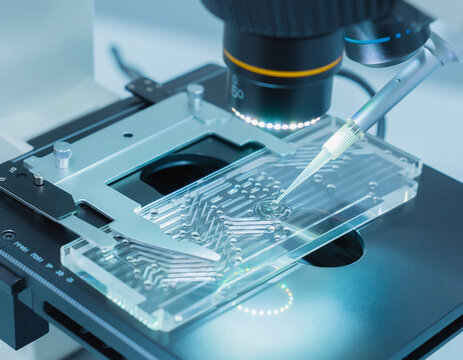 Laboratory Microscope Inspecting Microfluidic Circuit Chip under Blue Light