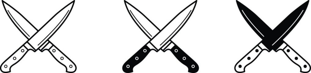 Obraz premium Crossed Kitchen Knives Icon Set, Chef Cutlery Vector Illustration