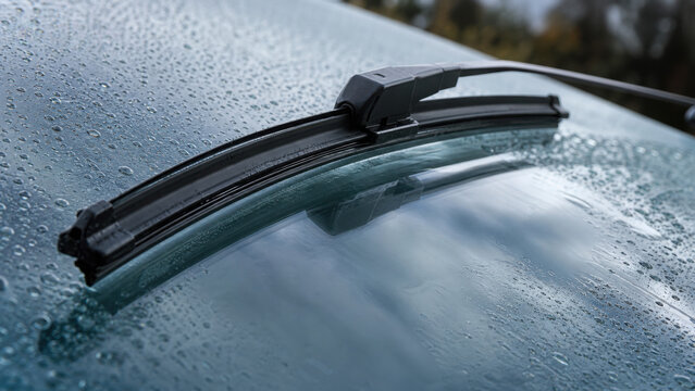 Close up of a car windshield wiper blade resting on glass covered with tiny generated using ai