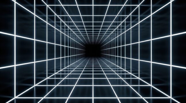 Futuristic glowing white neon grid tunnel vanishing into a dark infinity. Ideal for sci-fi backgrounds and technology concepts.