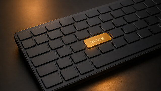 Sleek computer keyboard featuring a glowing golden key with the word news generated using ai