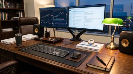 Fototapeta premium Professional home office workspace with dual monitors displaying financial stock market data and documents.