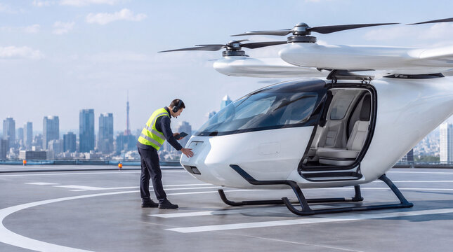 離着陸場でeVTOLを点検する整備士、次世代空飛ぶクルマの地上運用サポート / Ground crew technician inspecting an eVTOL flying car at a vertiport, next-generation air mobility ground operations