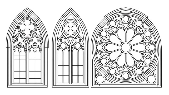 Stained glass window patterns set for gothic style cathedral design. Vector illustration of arched and round church frame with geometric pattern and rose motif, medieval religious architecture element