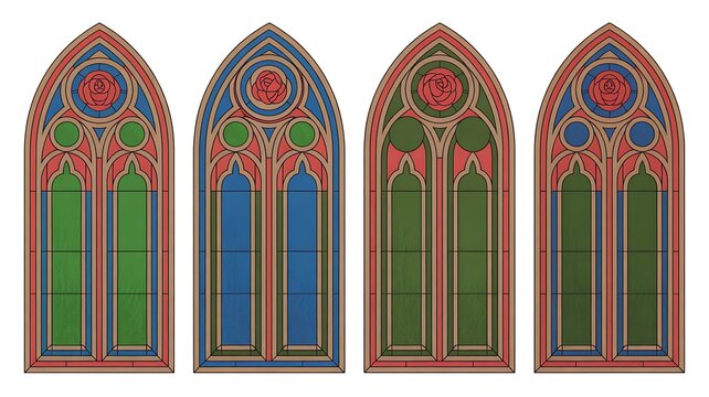 Stained glass window patterns set for gothic style cathedral design. Vector illustration of arched and round church frame with geometric pattern and rose motif, medieval religious architecture element