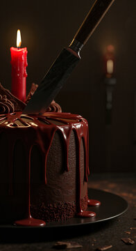 Chocolate cake with a knife and red candle on a dark background  