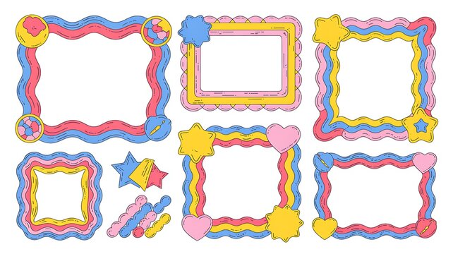 Wavy frame borders set with scalloped edges and cute Y2K retro design. Vector set of playful color crayon borders for kid photos, text box, decorative graphics, retro style geometric collage elements 