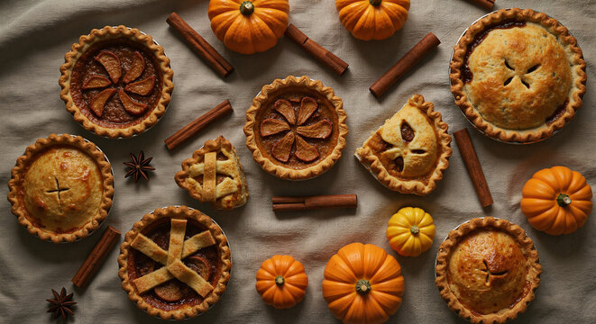Assorted pumpkin pies with mini pumpkins and cinnamon sticks on linen  