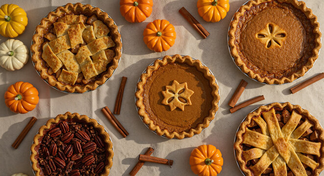 Assorted holiday pies with pumpkins and cinnamon on a rustic table  