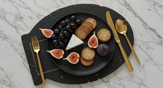 Fresh fruit and cheese platter with crackers on a marble table  