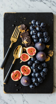 Fresh figs and black grapes arranged on a marble serving board  