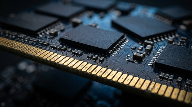 Extreme macro close-up of computer RAM memory chips and gold contact pins with blue light on dark background