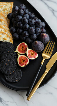 Plate of black crackers, grapes, and figs with golden utensils  
