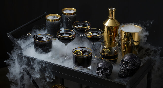 Dark cocktails and golden shaker on a misty bar cart  