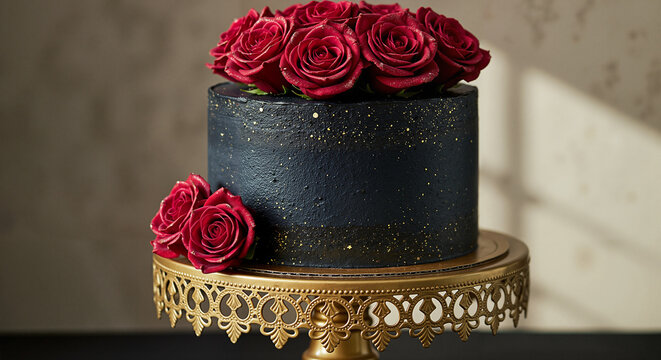 Elegant cake decorated with red roses on a golden cake stand  