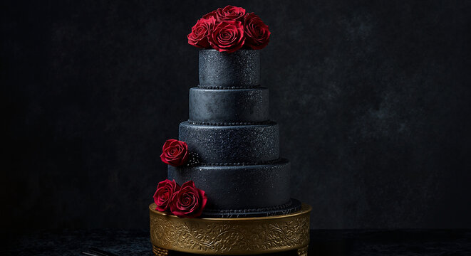 Elegant black wedding cake decorated with red roses on a dark background  