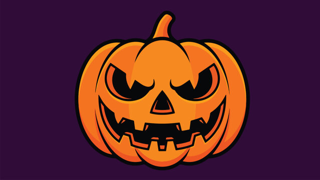 Scary jack o lantern pumpkin with evil carved face and glowing grin in orange cartoon vector on dark purple background