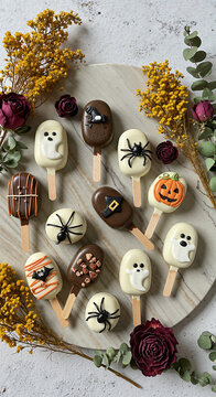 Decorative Halloween-themed desserts on a wooden serving board  