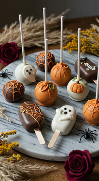 Halloween-themed cake pops and candies on a decorative platter  