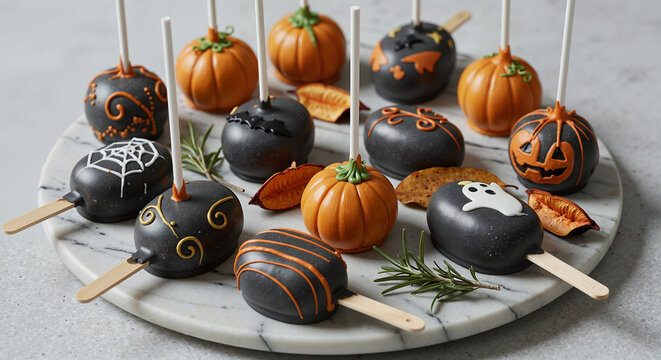 Halloween-themed dessert pops on a marble platter with pumpkins  