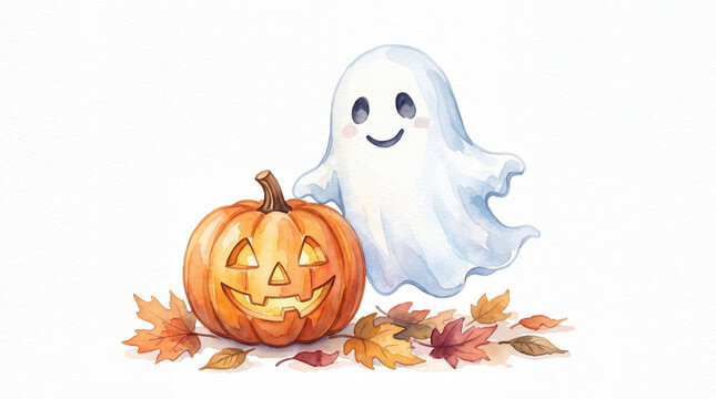 Friendly watercolor ghost sitting next to a carved jack-o-lantern pumpkin with autumn leaves.