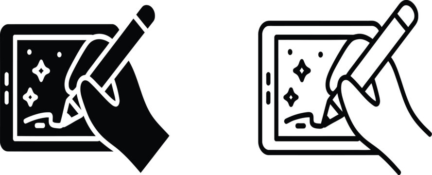 Hand drawing digital tablet screen with stylus pen icon set in solid and outline styles, creative technology symbols for graphic design, digital art, illustration, drawing apps, and modern vector 