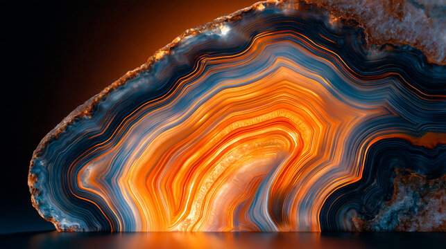Polished sliced agate stone with luminous orange and graphite layered bands.