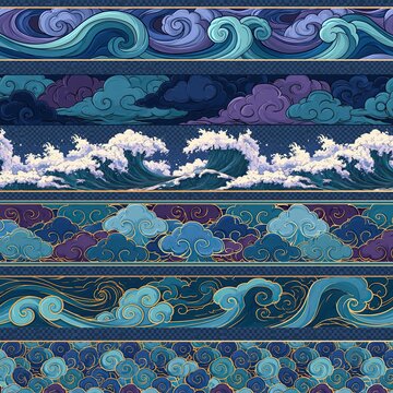 Set of six horizontal decorative borders featuring traditional Japanese style wave illustrations