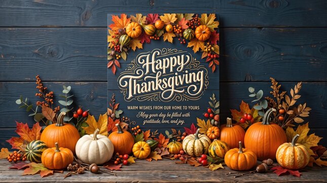 Thanksgiving greeting card sign with autumn pumpkins and harvest leaves