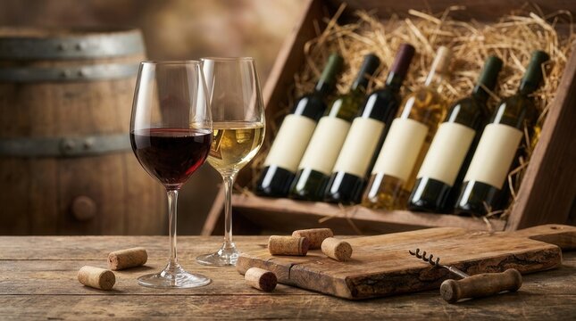 A collection of wine bottles resting on a wooden shelf with glasses.
