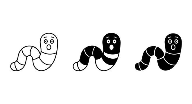 Cute Worm Icons, Simple Vector Illustrations, Cartoon Earthworm Character Set