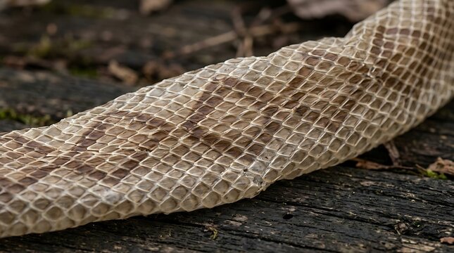 Shed snake skin texture lying on a weathered dark wooden surface