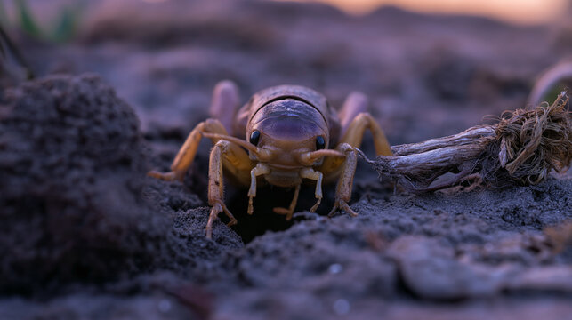 Cricket emerging from soil at dusk