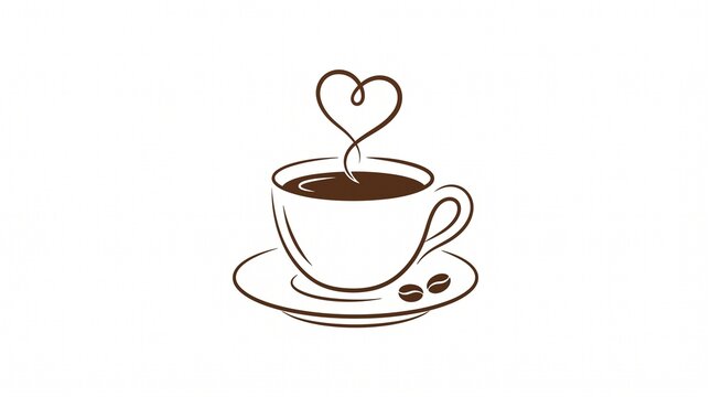 Elegant brown coffee cup illustration with steaming heart shape aroma on a clean white background