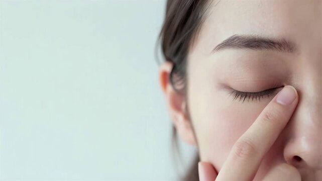 Japanese Woman with Dark Circles Under Eye Checking Skin, Eye Fatigue and Beauty Concern, Extreme Close Up, 4K, Seamless loop, Copy space on the left