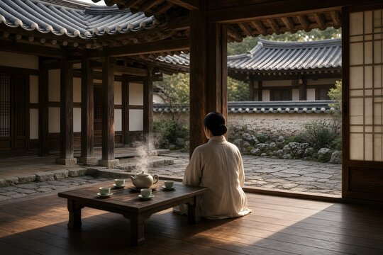 Celadon tea service in a quiet hanok courtyard