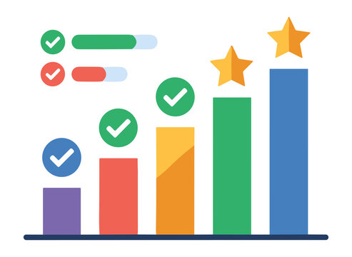 Business data analytics growth chart with stars and checkmarks