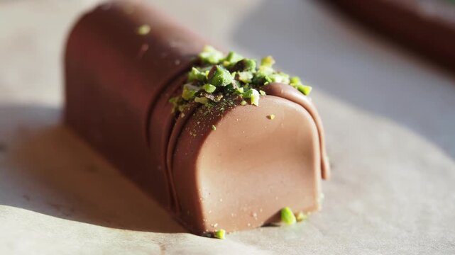 Close up shot of artisan chocolate dessert topped with crushed green pistachios on parchment paper
