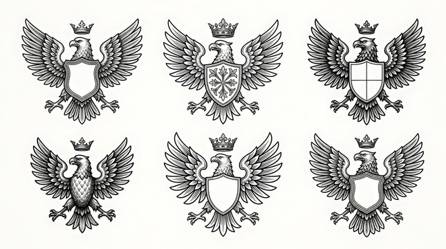Set of heraldic eagles wearing crowns positioned above ornate shields featuring diverse patterns and blank heraldry spaces suitable for crest designs and emblem branding for professional