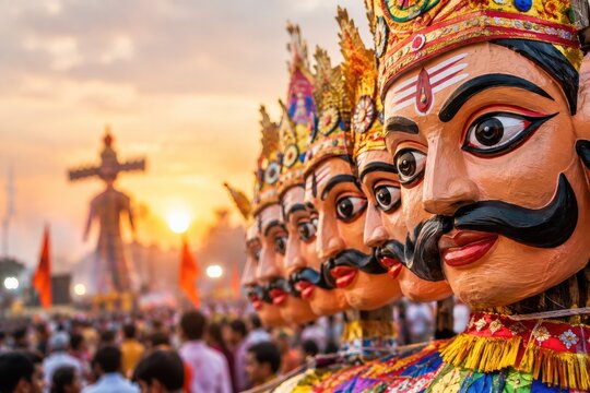 Ravana effigies displayed during Dussehra festival in India at sunset, symbolizing the victory of good over evil and the Hindu celebration of Vijayadashami.
