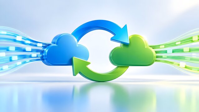 Two glowing 3d cloud computing icons with circular arrows indicating data synchronization and transfer