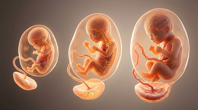 Stages of Fetal Development During 9 Months of Pregnancy showing Internal Anatomy and Placenta