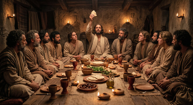 The Last Supper With Jesus and His Disciples Sharing Bread and the Cup, Biblical Story