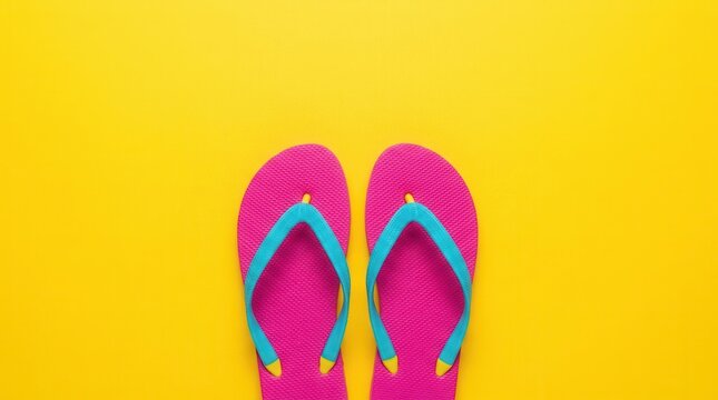 Cheerful yellow backdrop featuring vivid pink and blue flip-flops for summer vibes and leisure activities