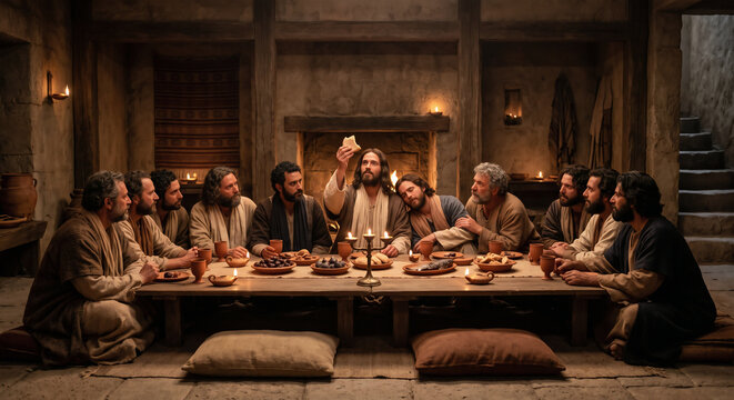 The Last Supper With Jesus and His Disciples Sharing Bread and the Cup, Biblical Story