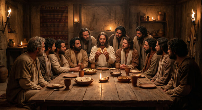 The Last Supper With Jesus and His Disciples Sharing Bread and the Cup, Biblical Story