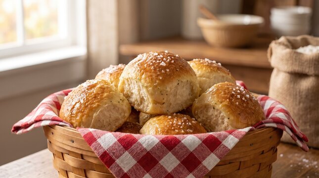 Dinner rolls photo of freshly baked bread buns in basket with red check napkin