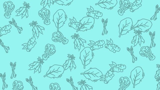 Vegetable pattern video with hand drawn garden illustrations on light blue. Ideal for recipes, gardening tips, and healthy living content.