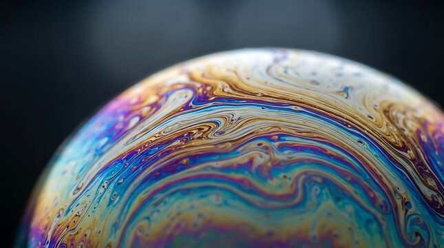 Iridescent soap bubble surface showing swirling patterns of vibrant liquid colors