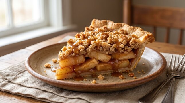 Apple pie photo slice of baked pastry dessert with crumble topping caramel drizzle and silver forks